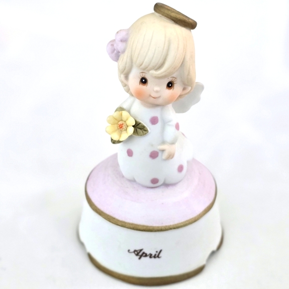 Lefton April-Themed "Happy Birthday" Angel Musical Figurine with Flower and Halo - Picture 1 of 6